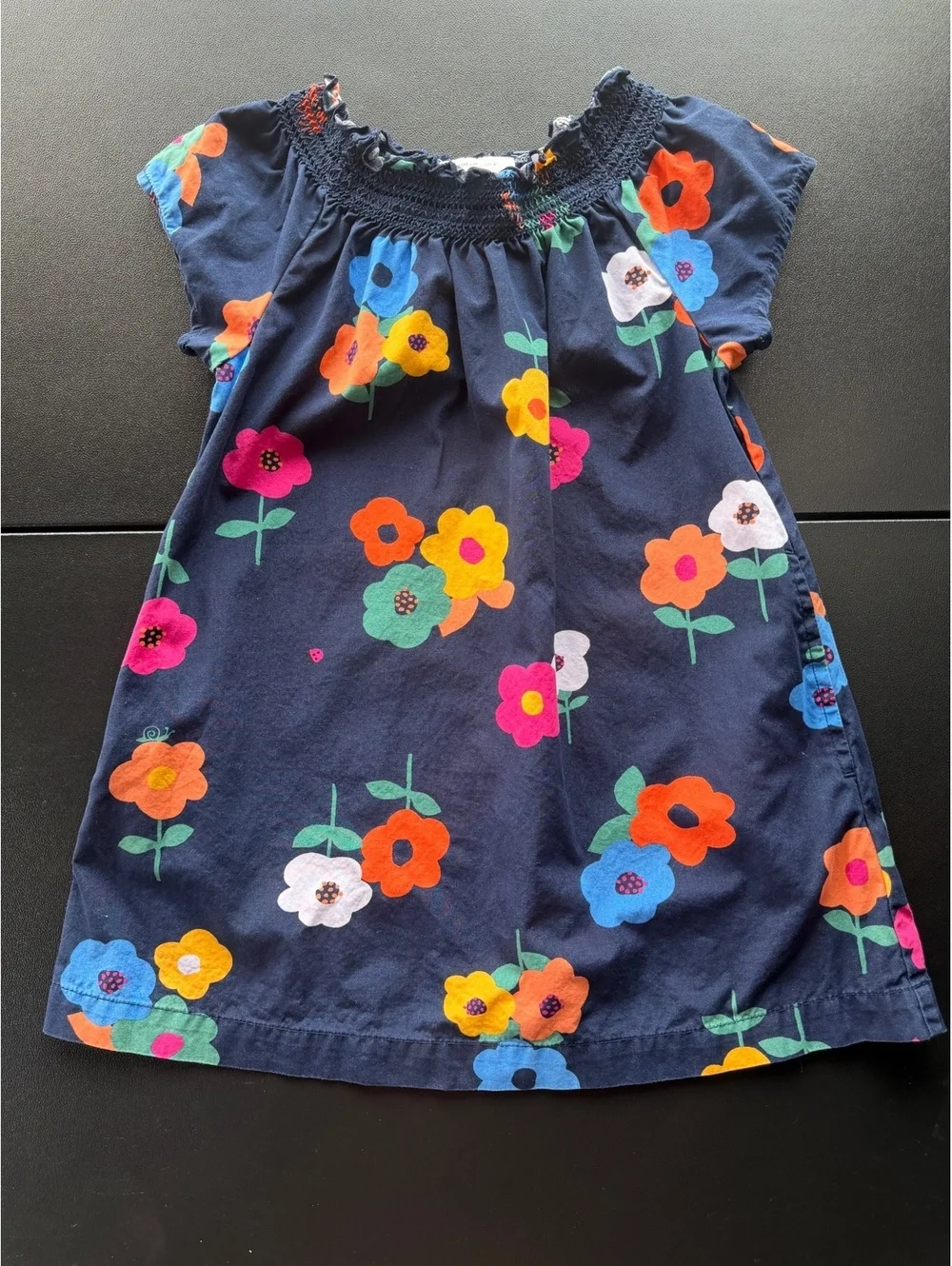 Hanna Andersson Girls Dress Size 4 100 Navy Floral Smocked Cotton A Line